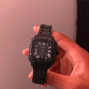 Cartier Black Crystal-Set Square Watch with Blue Hands